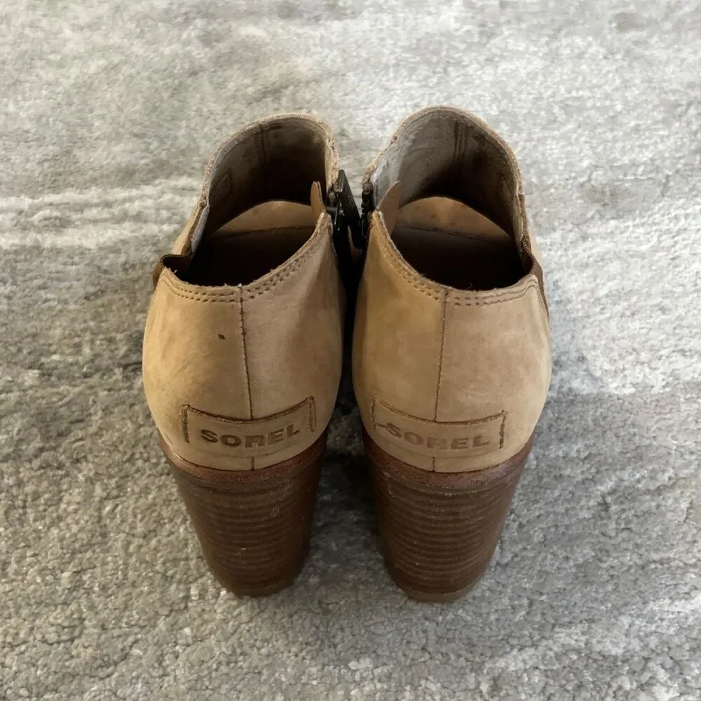 Sorel Nadia Ankle Booties Womens 7 Stacked Block Heel Peep Toe Leather Beige